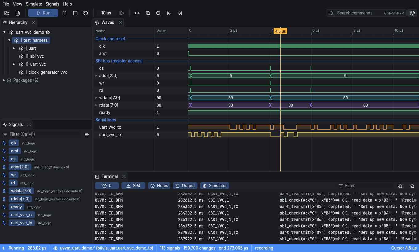 The JanusHDL window: the UVVM UART demo with its design hierarchy, signals, waves and the testbench's log in the terminal